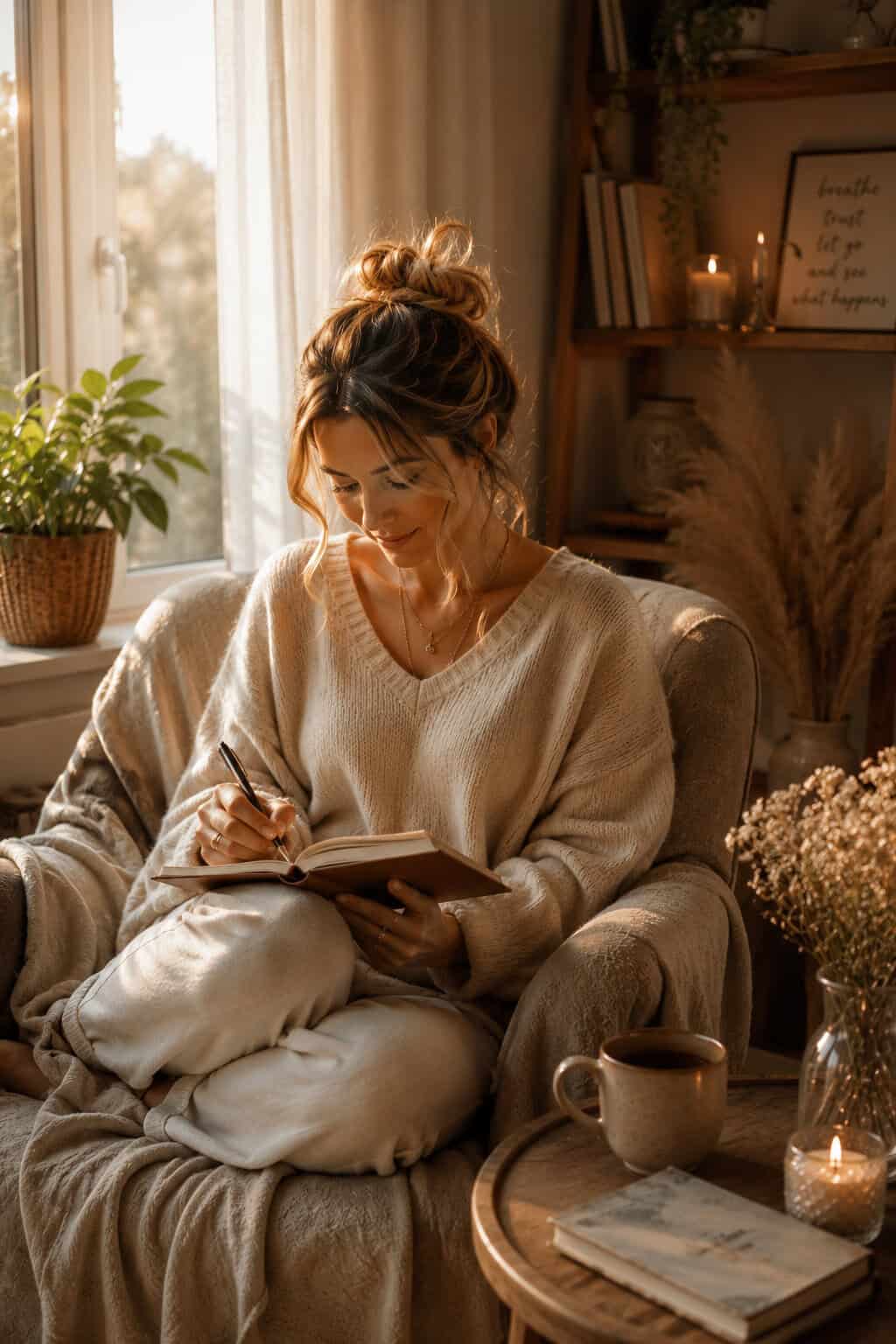 Frau mit messy bun schreibt entspannt in ein Journal und sitzt bei warmem Licht in einem gemütlichen Sessel am Fenster.