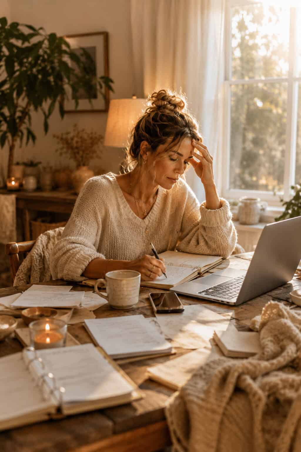 Frau mit messy bun sitzt an einem Tisch voller Notizen und arbeitet nachdenklich bei warmem Licht am Laptop.