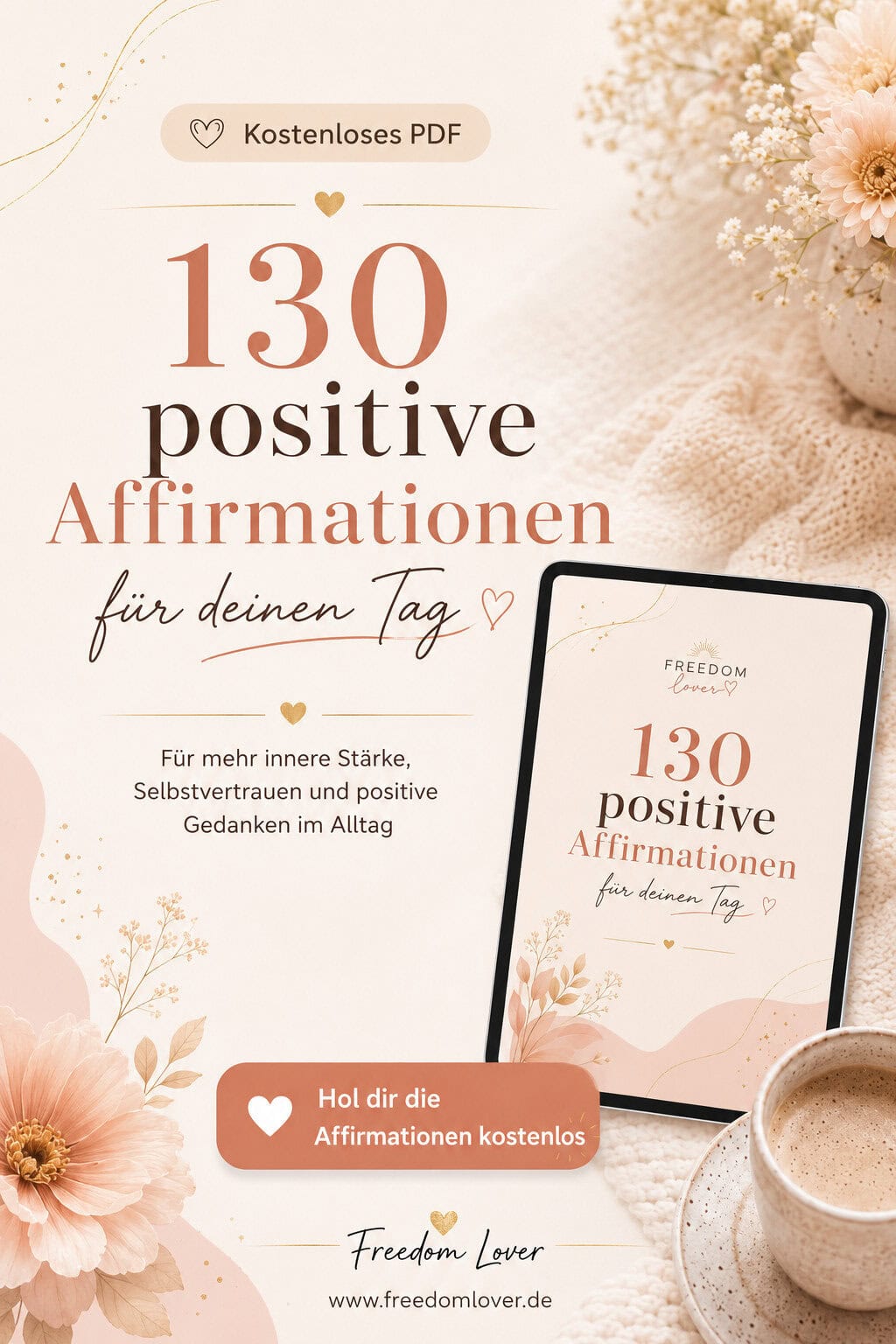 Banner für das Freebie „130 positive Affirmationen für deinen Tag“ von Freedom Lover mit Tablet, Kaffeetasse und dem Hinweis auf einen kostenlosen PDF-Download.