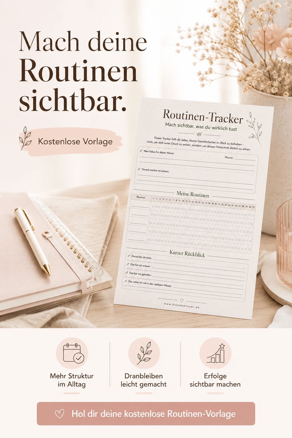 Routinen-Tracker als kostenlose Vorlage auf einem hellen Schreibtisch mit Notizbuch, Stift und Blumen.