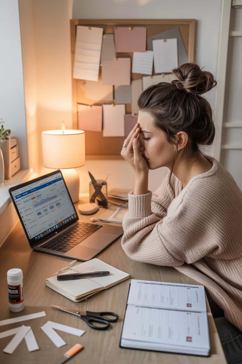 Eine Frau sitzt an einem Schreibtisch vor einem geöffneten Laptop und hält sich mit einer Hand die Stirn. Vor ihr liegen ein Notizbuch, Papierstreifen, eine Schere und ein Planer. Im Hintergrund hängt eine Pinnwand mit leeren Karten, eine Tischlampe sorgt für warmes Licht.