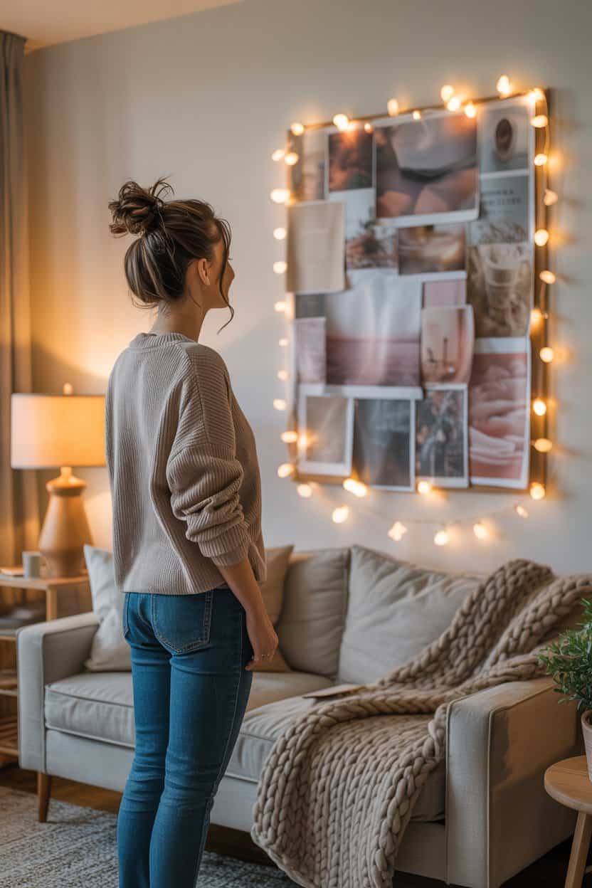 Eine Frau steht in einem gemütlichen Wohnzimmer vor einem an der Wand befestigten Vision Board. Auf dem Board sind verschiedene Fotos und Papierkarten angebracht, umrahmt von einer warmen Lichterkette. Ein Sofa mit Decke und eine Stehlampe stehen im Raum.