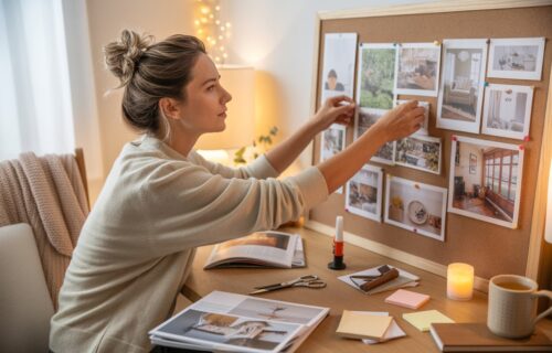Eine Frau befestigt Fotos an einer Korkwand, die als Vision Board dient. Auf dem Tisch davor liegen Schere, Klebstoff, Notizzettel und Magazine. Eine Kerze und eine Tasse stehen daneben.