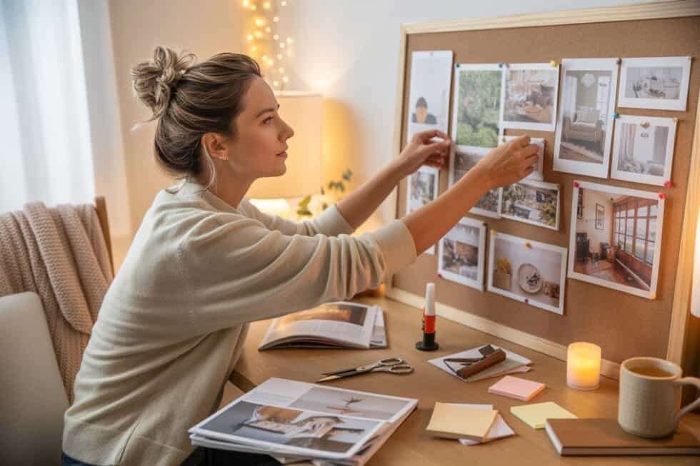 Eine Frau befestigt Fotos an einer Korkwand, die als Vision Board dient. Auf dem Tisch davor liegen Schere, Klebstoff, Notizzettel und Magazine. Eine Kerze und eine Tasse stehen daneben.