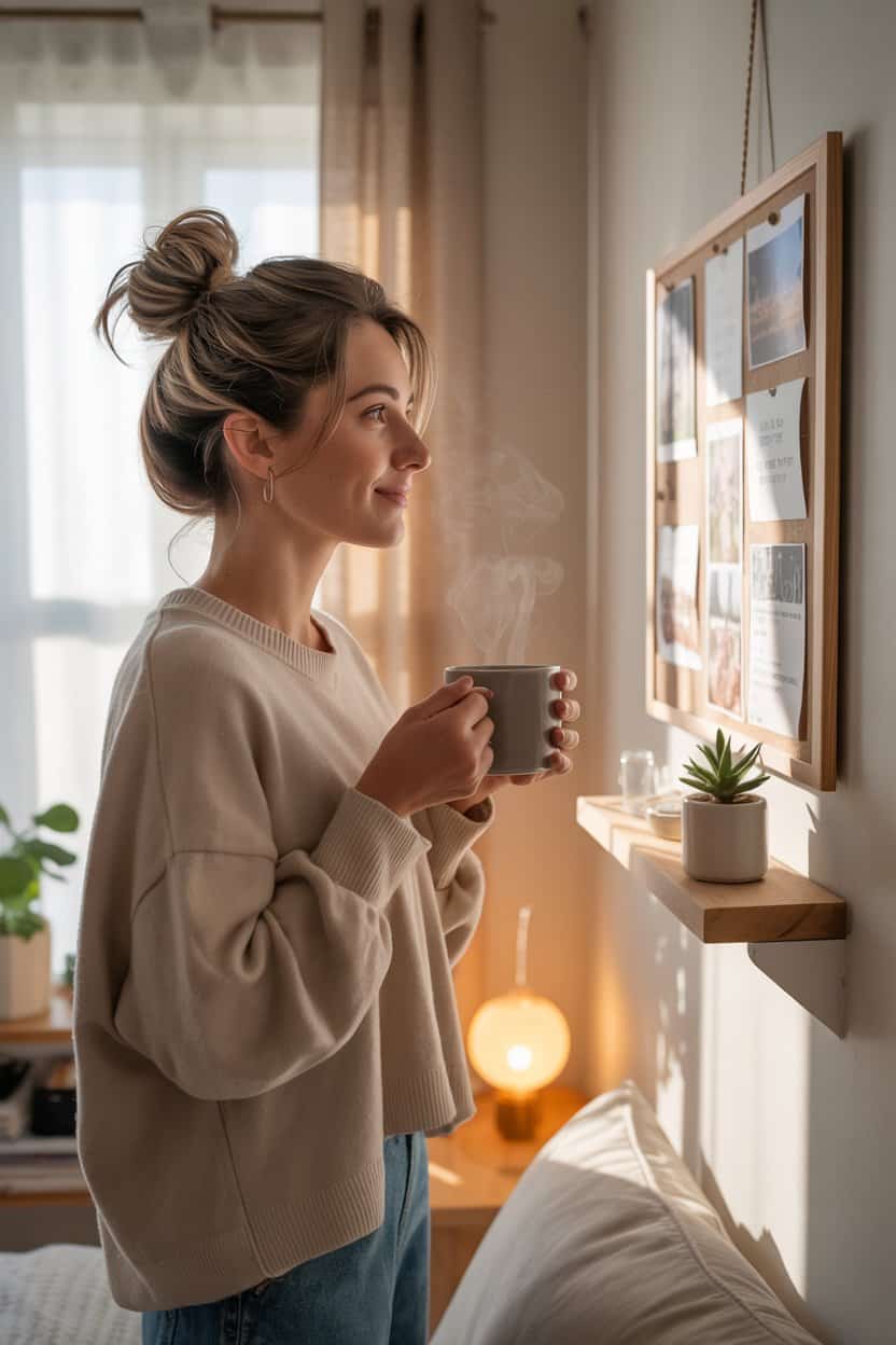 Eine Frau steht in einem hellen Raum und hält eine Tasse in beiden Händen. Vor ihr hängt ein Vision Board mit Fotos und Textkarten. Auf einem kleinen Regal stehen eine Pflanze und eine Lampe, die eine warme Atmosphäre erzeugt.