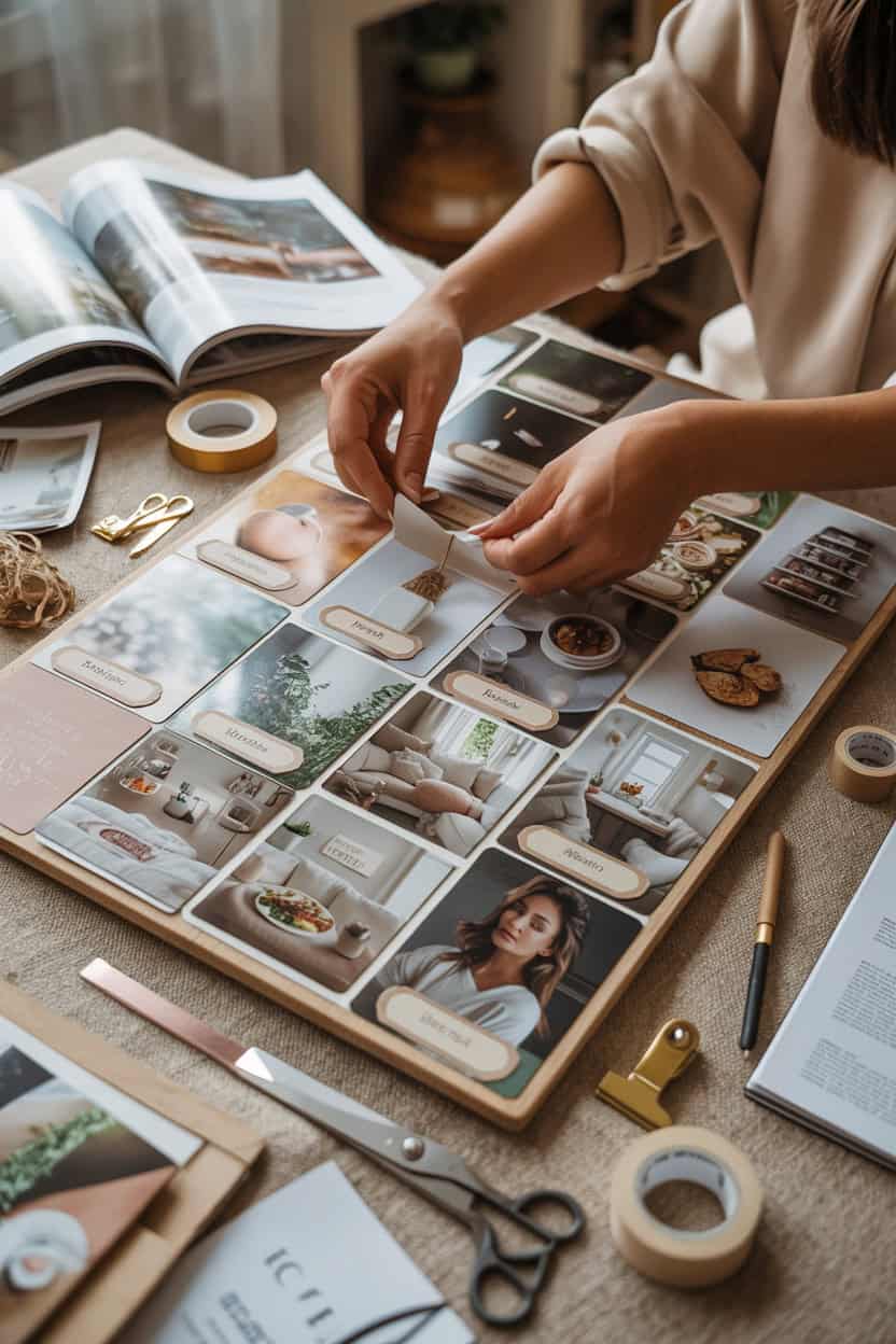 Hände ordnen ausgedruckte Bilder auf einem großen Papierbogen auf einem Tisch. Daneben liegen eine Schere, Klebeband, Farbkarten und ein geöffnetes Buch mit Inspirationsbildern.