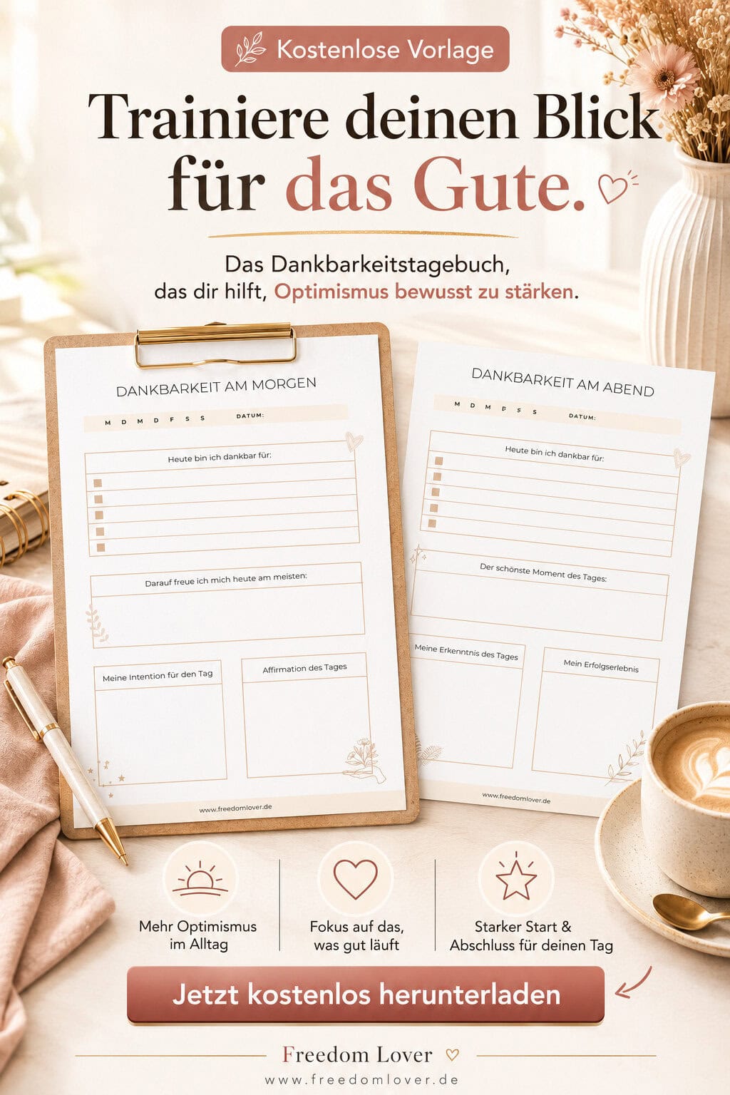 Mockup des kostenlosen Dankbarkeitstagebuchs für Morgen und Abend mit Reflexionsfragen für mehr Optimismus und Fokus auf das Gute.