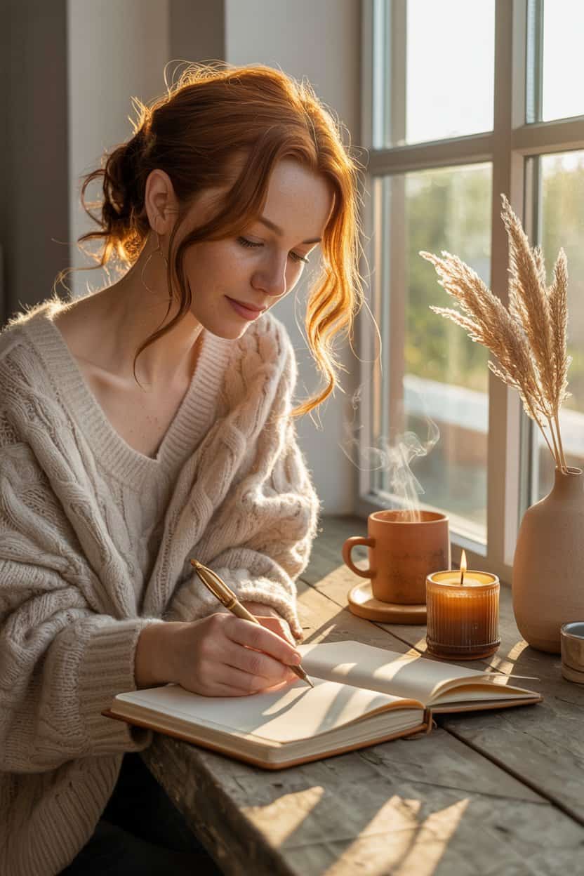 Frau sitzt am Fenster und schreibt in einem Journal 