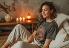 Frau sitzt entspannt mit geschlossenen Augen auf einem Sofa bei warmem Kerzenlicht