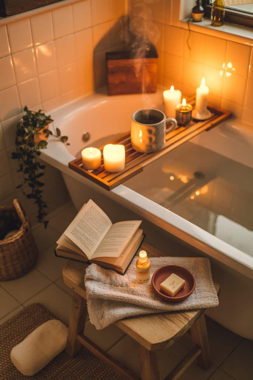 Badewanne mit Kerzen, dampfender Tasse, offenem Buch und Handtuch in warmem Abendlicht.