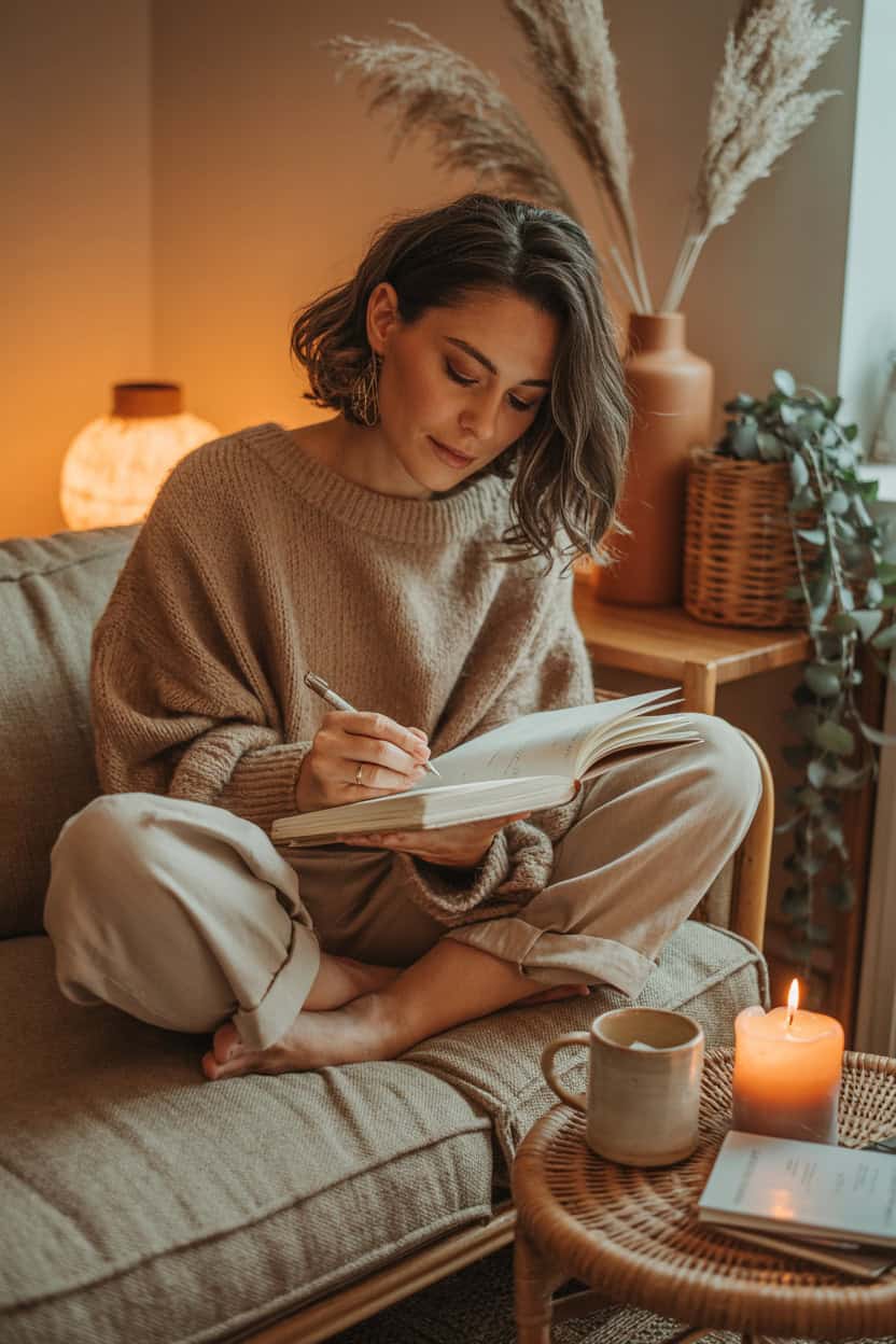 Frau sitzt abends auf dem Sofa und schreibt bei Kerzenlicht in ein Notizbuch.