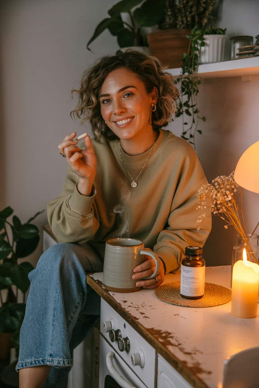 Frau sitzt abends mit einer Tasse Tee und einer Kapsel neben Kerze und Nahrungsergänzungsmittel.