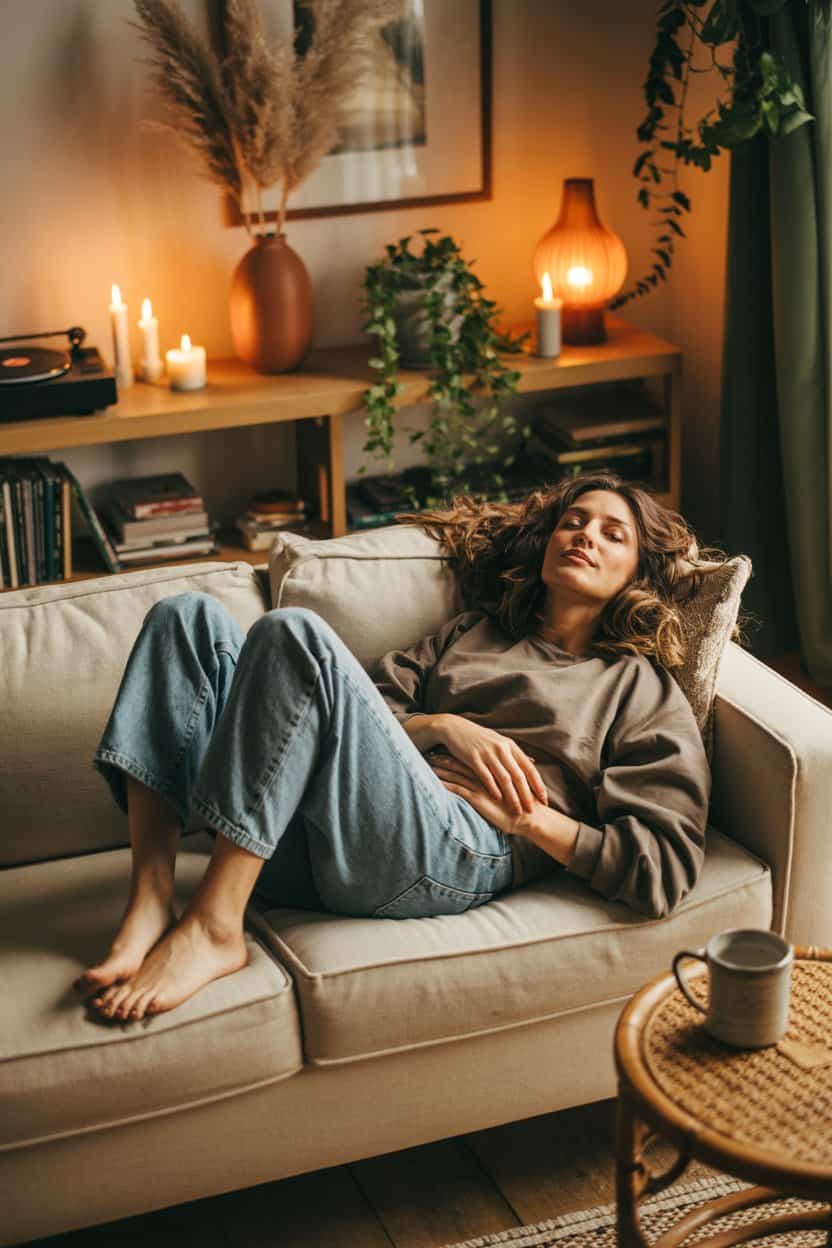Frau liegt entspannt auf dem Sofa in warmem Licht, mit Kerzen und einer Tasse auf dem Tisch.