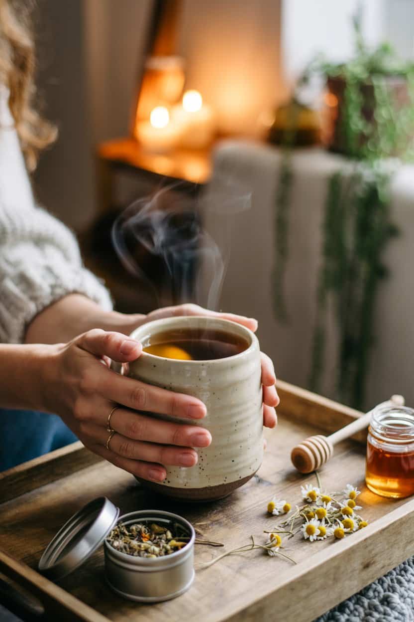 Hände halten eine dampfende Tasse Tee auf einem Tablett mit Kamille, Honig und Teedose.