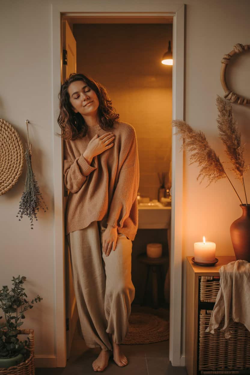 Frau steht abends entspannt in der Badezimmertür bei warmem Licht und Kerzenschein.