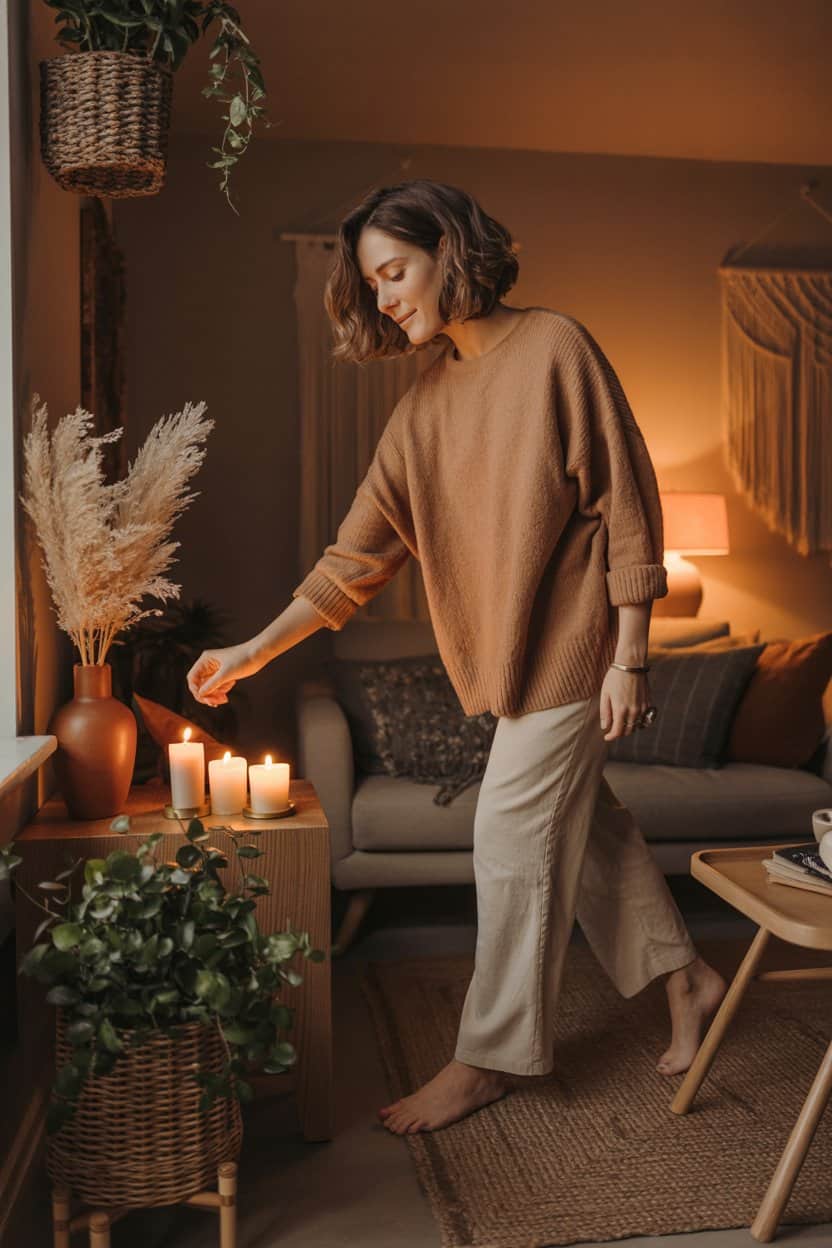 Frau zündet abends in einem warm beleuchteten Wohnzimmer mehrere Kerzen an.