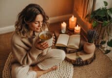 Frau sitzt abends mit einer Tasse Tee auf einem Bodenkissen neben Kerzen und einem offenen Buch.