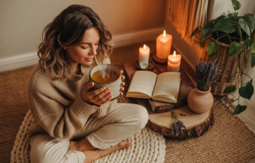 Frau sitzt abends mit einer Tasse Tee auf einem Bodenkissen neben Kerzen und einem offenen Buch.