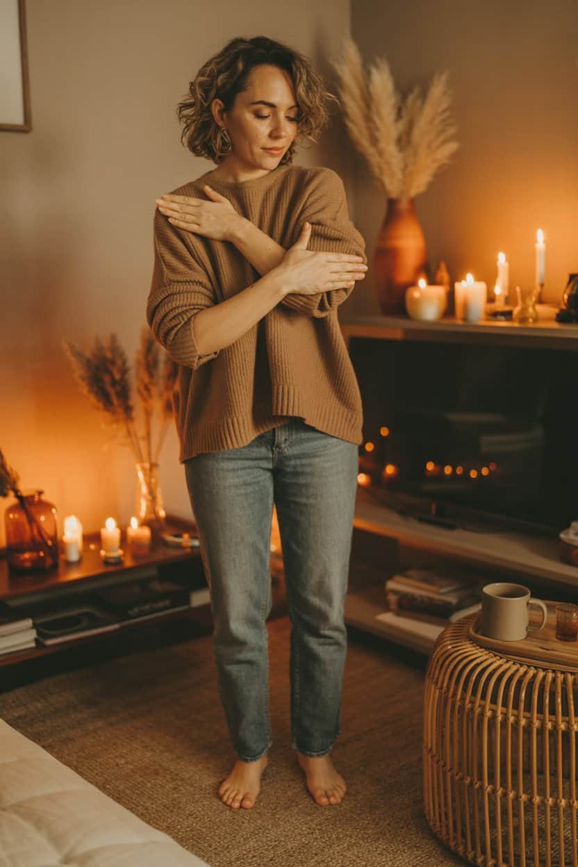 Frau steht abends barfuß im Wohnzimmer und legt die Hände überkreuzt auf ihre Schultern.