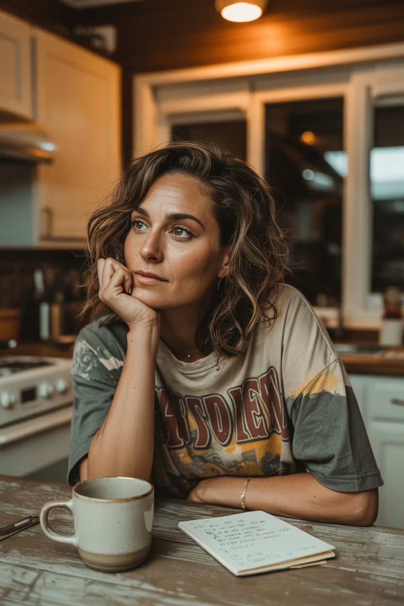 Frau sitzt abends mit einer Tasse und einem Notizbuch am Küchentisch und blickt nachdenklich zur Seite.