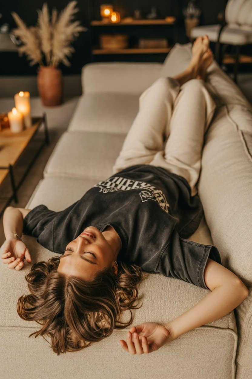 Frau liegt ausgestreckt auf dem Sofa und entspannt mit geschlossenen Augen in einem dunklen Wohnzimmer.