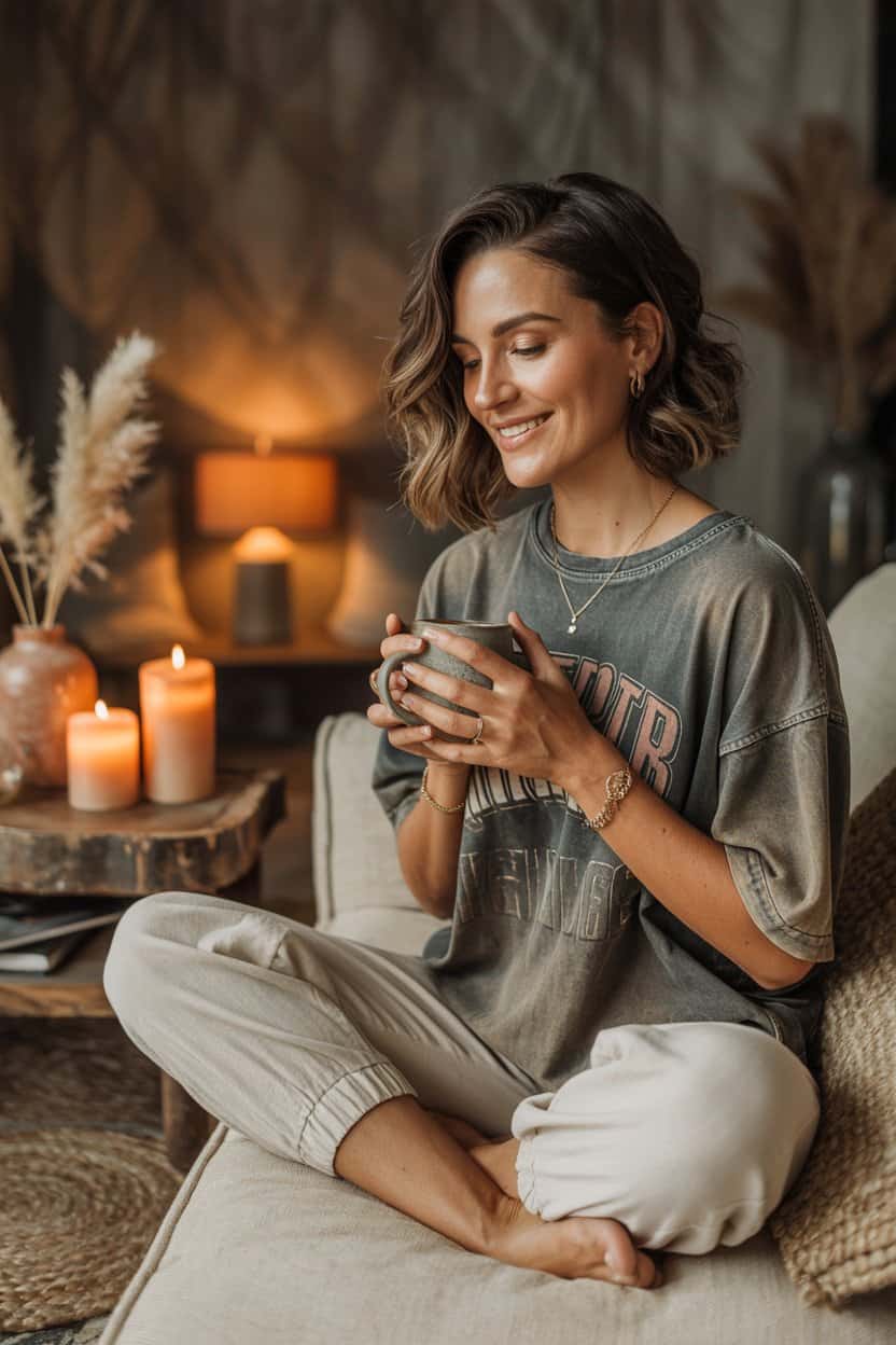 Frau sitzt entspannt auf dem Sofa, hält eine Tasse in den Händen und lächelt bei Kerzenlicht.