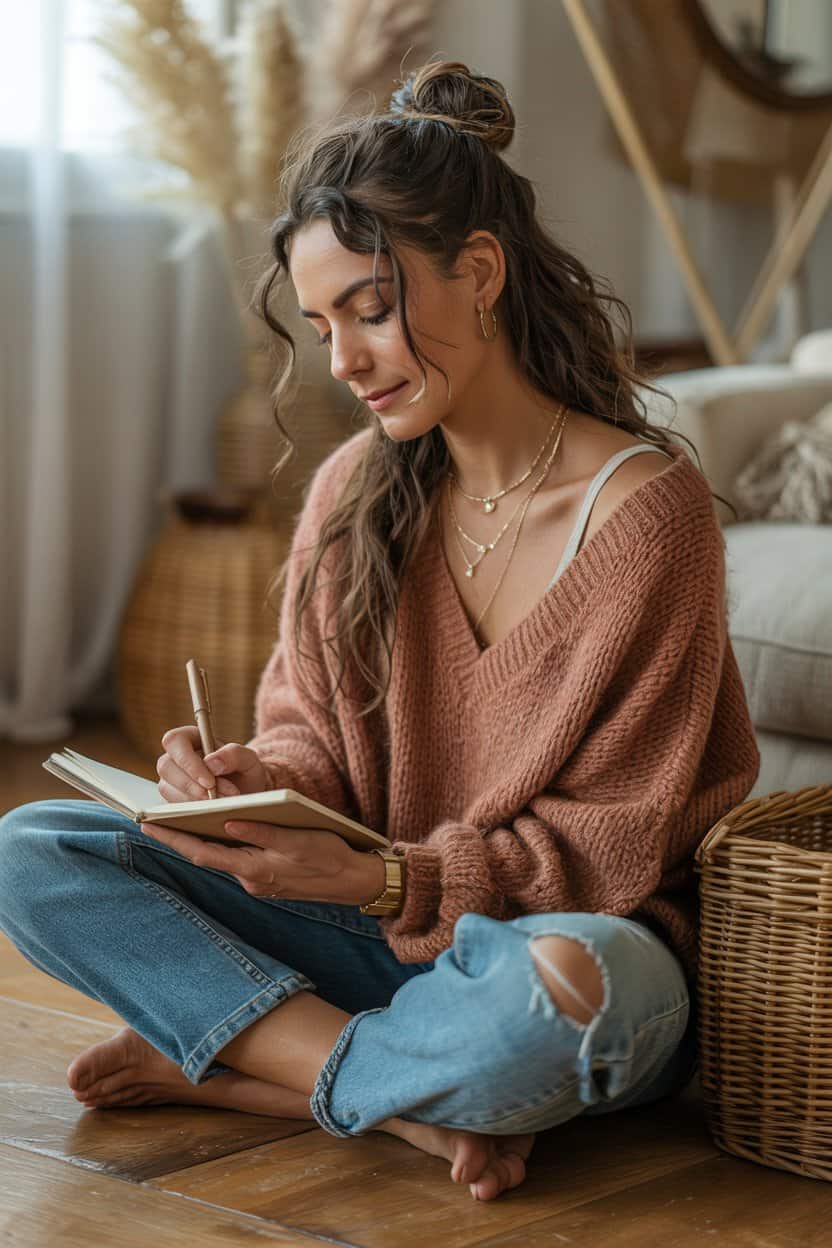 Frau sitzt auf dem Boden und schreibt in ein Notizbuch.
