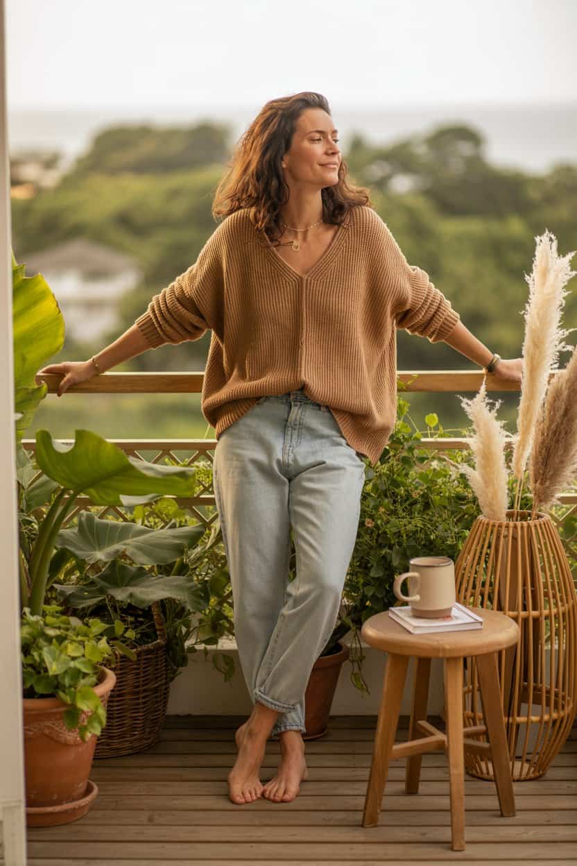 Frau steht barfuß auf einem Balkon zwischen Pflanzen und blickt mit geschlossenen Augen nach draußen.