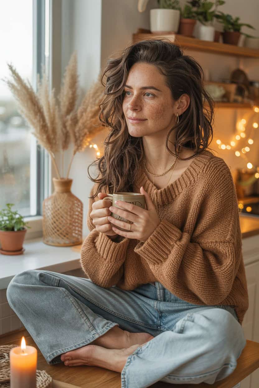 Frau sitzt mit einer Tasse am Fenster und blickt ruhig nach draußen.