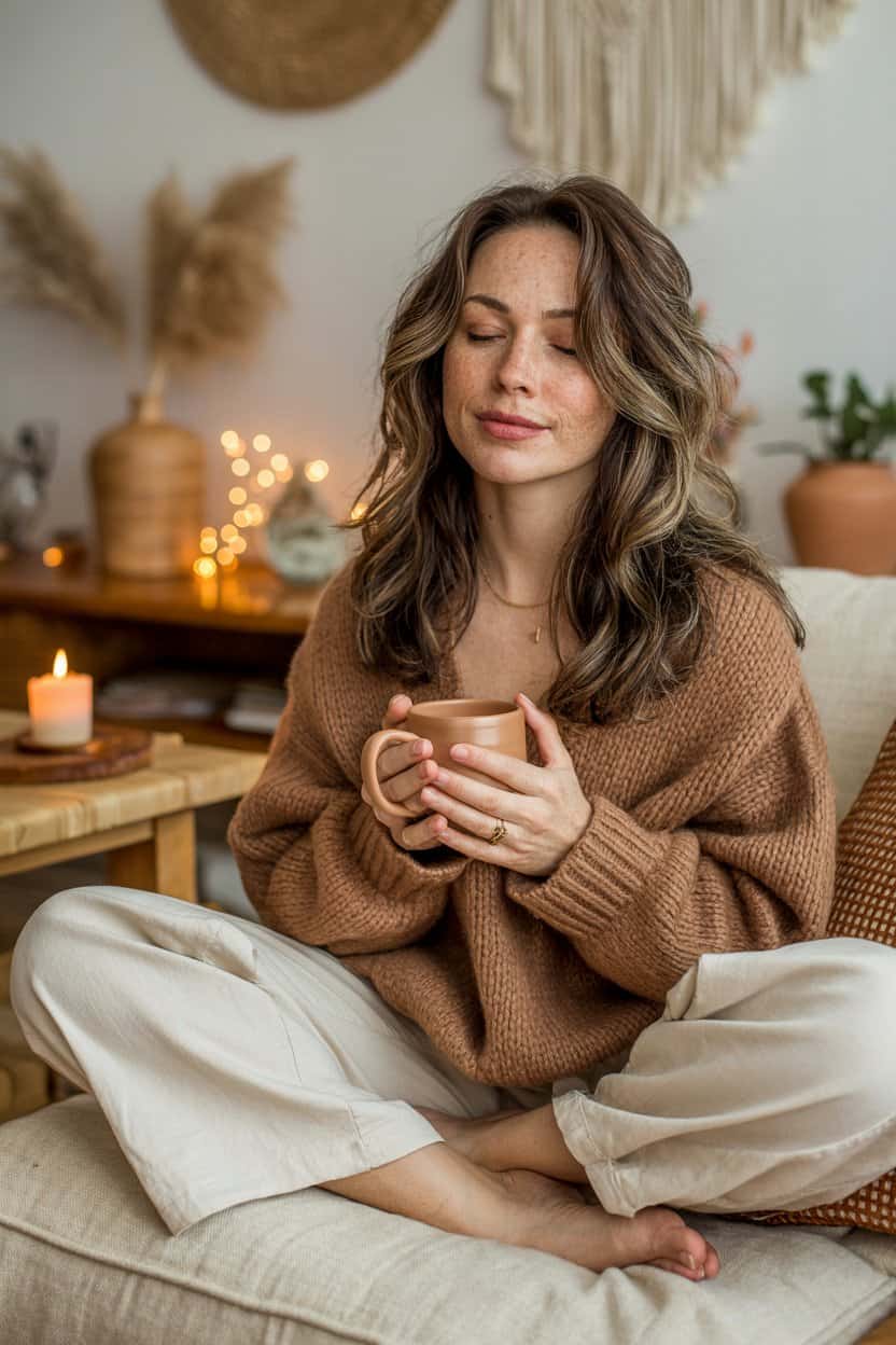 Frau sitzt mit geschlossenen Augen auf dem Sofa und hält eine Tasse in beiden Händen.