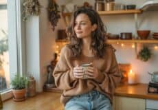 Frau steht mit einer Tasse in der Hand in einer warmen Küche und blickt ruhig aus dem Fenster.