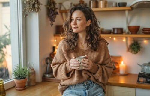 Frau steht mit einer Tasse in der Hand in einer warmen Küche und blickt ruhig aus dem Fenster.