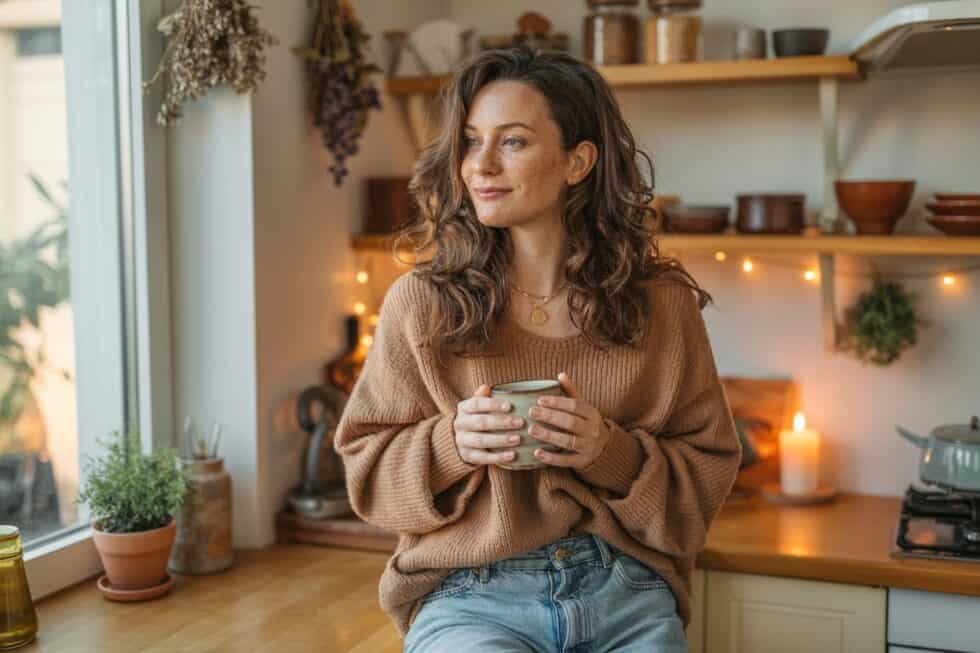 Frau steht mit einer Tasse in der Hand in einer warmen Küche und blickt ruhig aus dem Fenster.