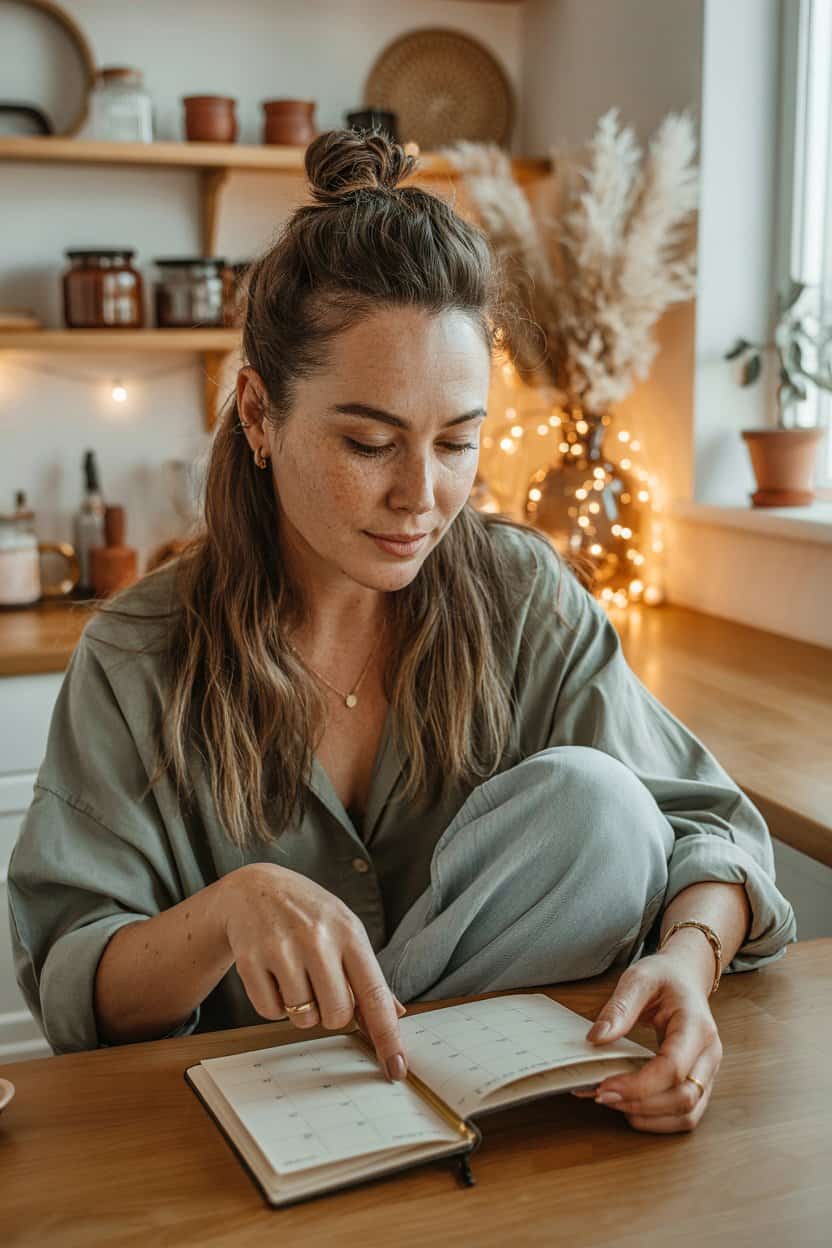 Frau sitzt in der Küche und schaut in einen aufgeschlagenen Kalender auf dem Tisch.