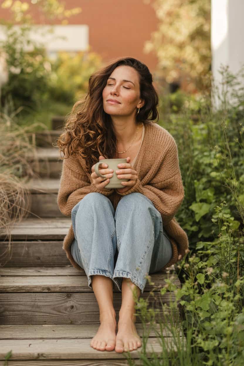 Frau sitzt barfuß draußen auf Holzstufen und hält mit geschlossenen Augen eine Tasse in den Händen.