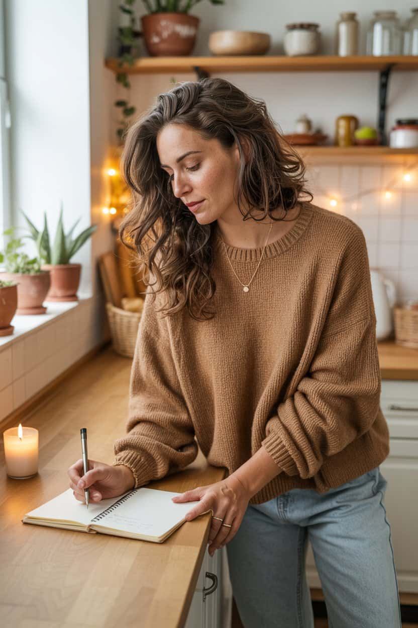 Frau schreibt in der Küche in ein Notizbuch, neben ihr steht eine Kerze auf der Arbeitsfläche.