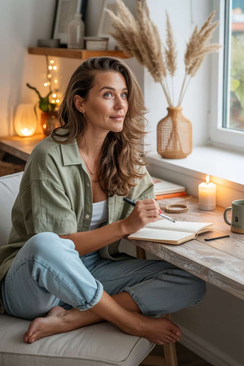 Frau sitzt mit Notizbuch und Stift am Fenster und blickt nachdenklich nach oben.