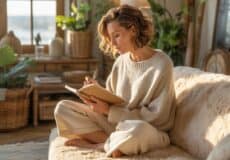 Eine Frau sitzt im Schneidersitz auf dem Sofa und schreibt in ein Journal.