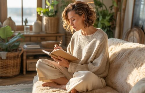Eine Frau sitzt im Schneidersitz auf dem Sofa und schreibt in ein Journal.