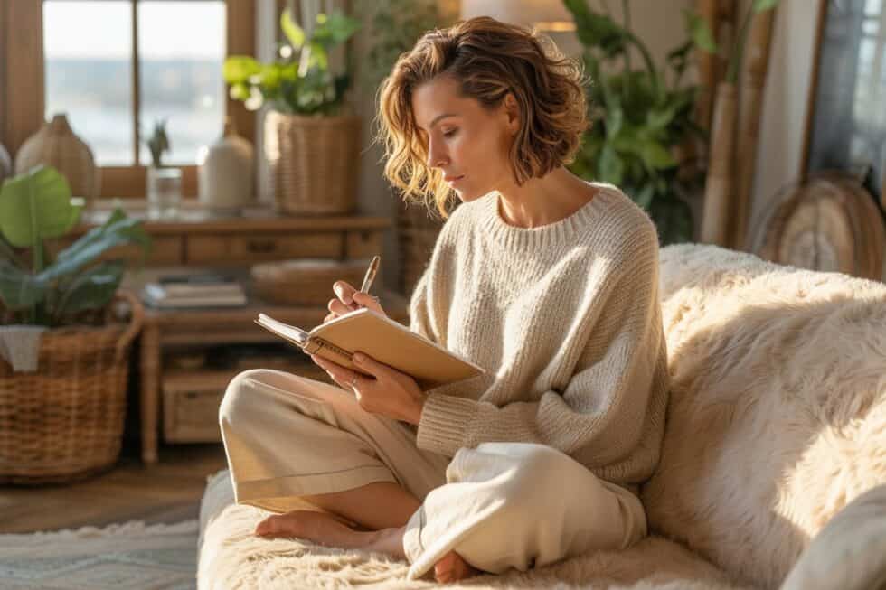 Eine Frau sitzt im Schneidersitz auf dem Sofa und schreibt in ein Journal.