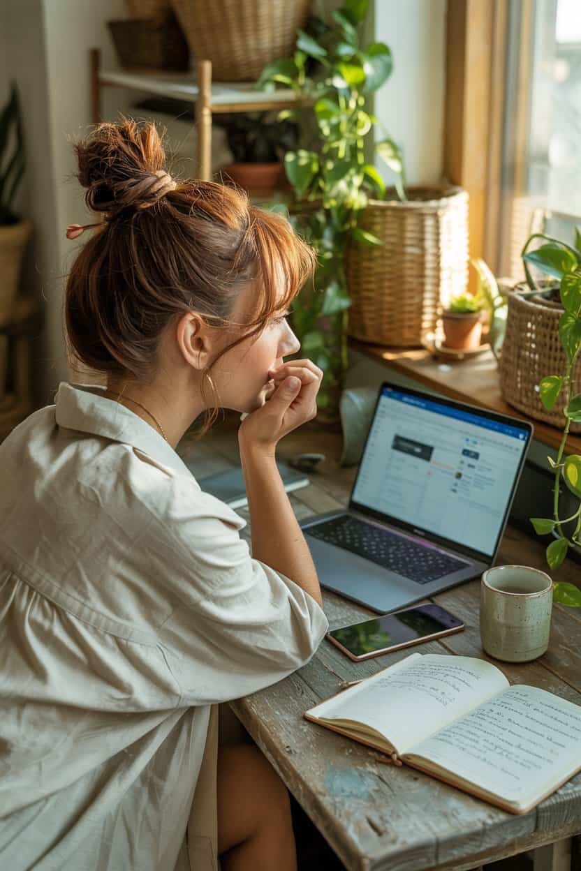 Frau sitzt am Tisch vor Laptop und Notizbuch und blickt nachdenklich auf den Bildschirm.