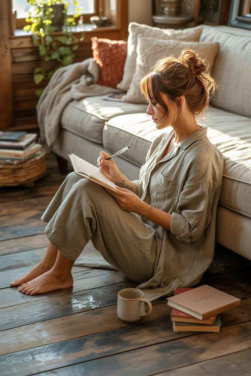 Frau sitzt auf dem Boden am Sofa und schreibt mit einer Tasse daneben in ein Notizbuch.