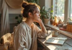 Frau mit messy bun sitzt am Küchenfenster am Tisch und schaut nachdenklich aus dem Fenster