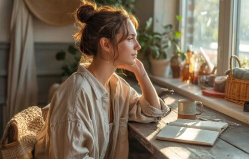Frau mit messy bun sitzt am Küchenfenster am Tisch und schaut nachdenklich aus dem Fenster
