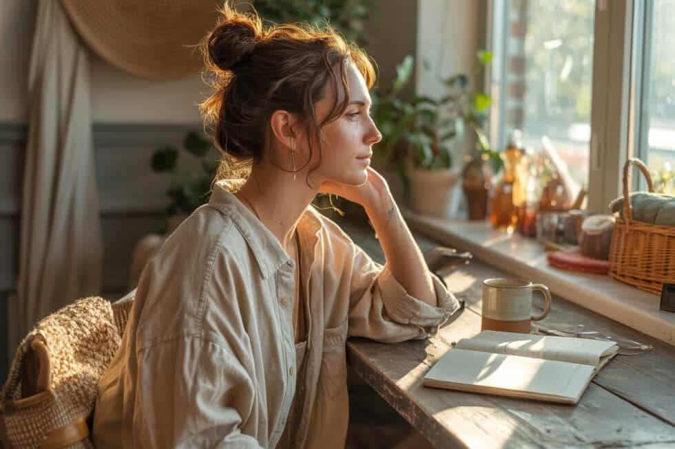 Frau mit messy bun sitzt am Küchenfenster am Tisch und schaut nachdenklich aus dem Fenster
