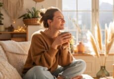 Frau sitzt mit Teetasse auf dem Sofa - Boho Ambiente
