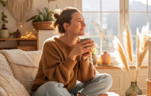 Frau sitzt mit Teetasse auf dem Sofa - Boho Ambiente