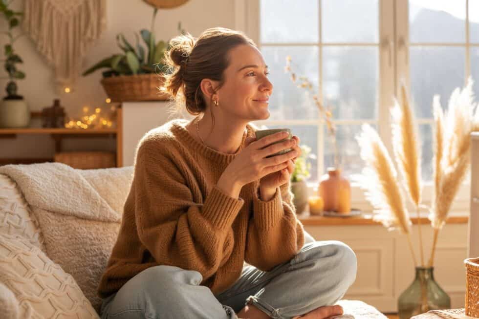 Frau sitzt mit Teetasse auf dem Sofa - Boho Ambiente