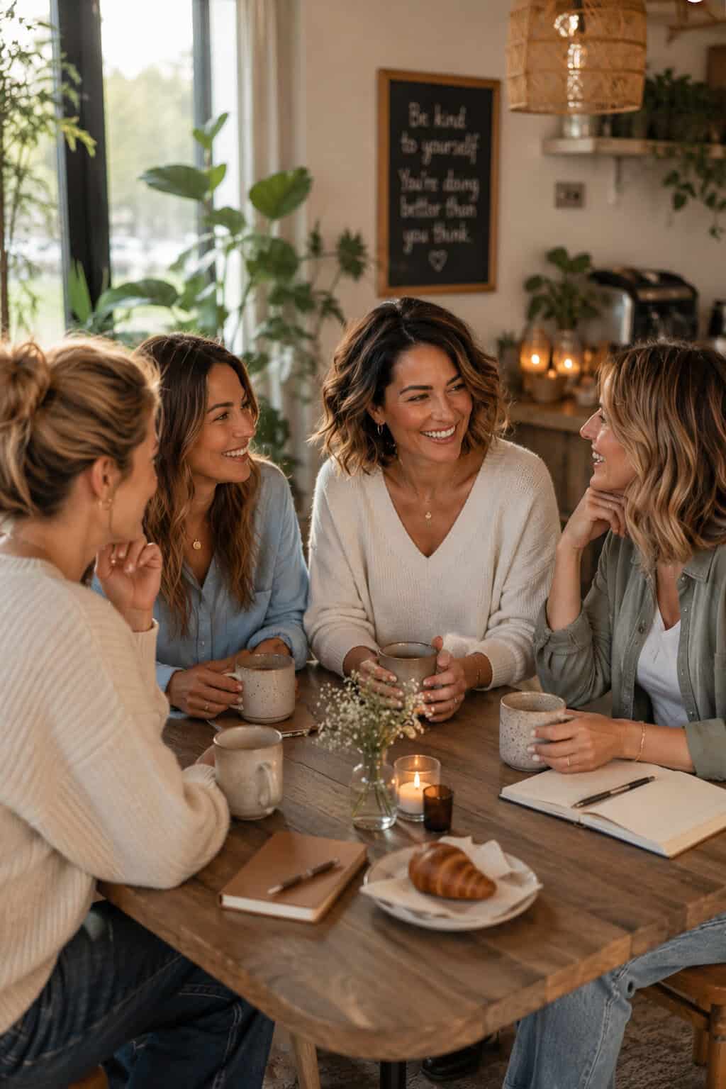 Vier Frauen sitzen mit Kaffee an einem Tisch und unterhalten sich miteinander