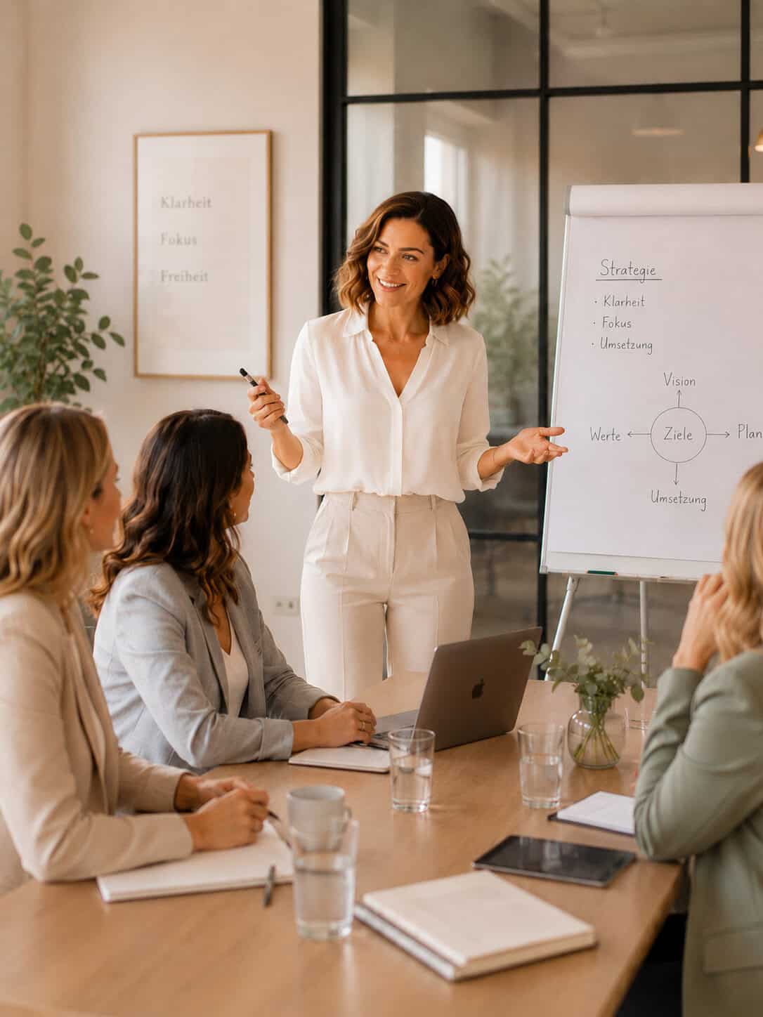 Frau erklärt eine Strategie am Flipchart vor einer kleinen Gruppe im Meetingraum